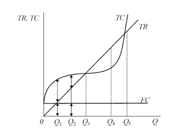 Total costs and revenue graph in the perfect competition market